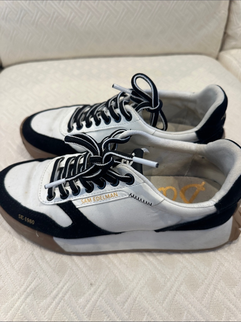 Sam Edelman White and Black Low-Top Sneakers with Gum Sole